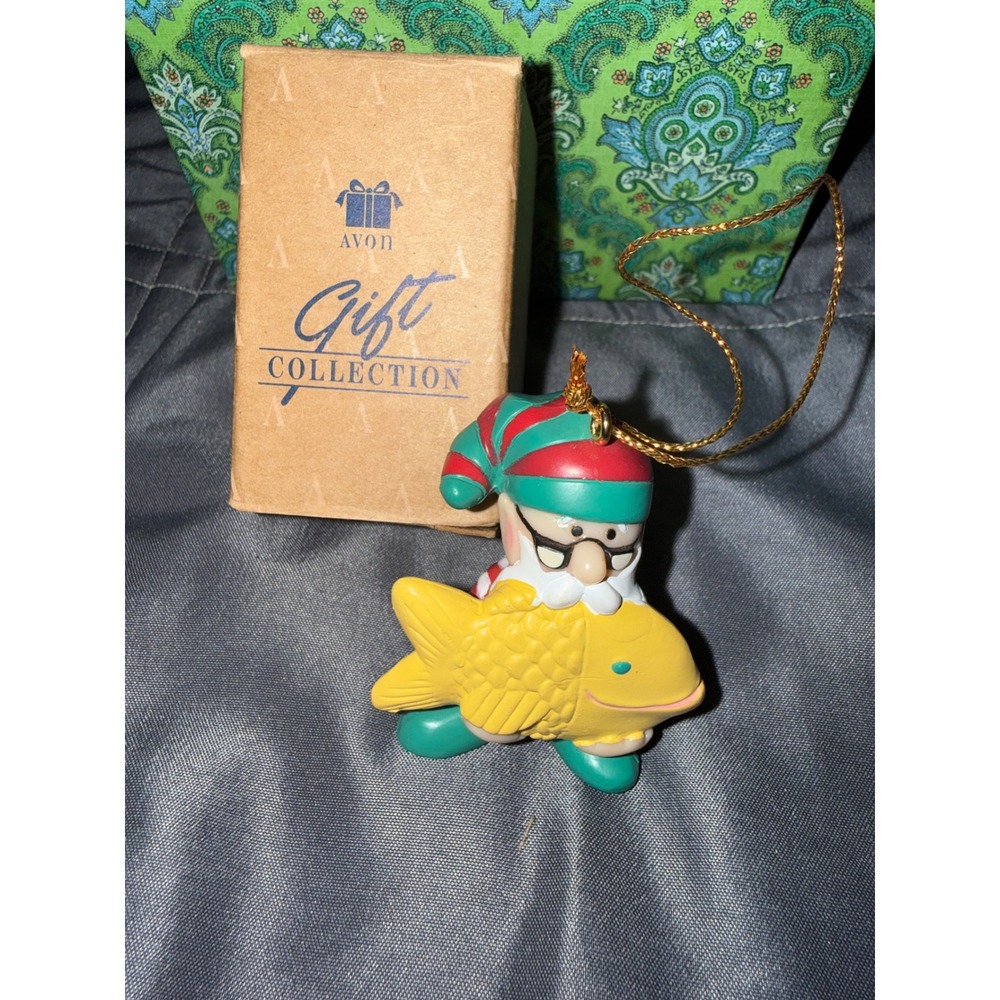 Vintage Avon Gift Collection Christmas Ornament Elf Holding Yellow Fish with Box
